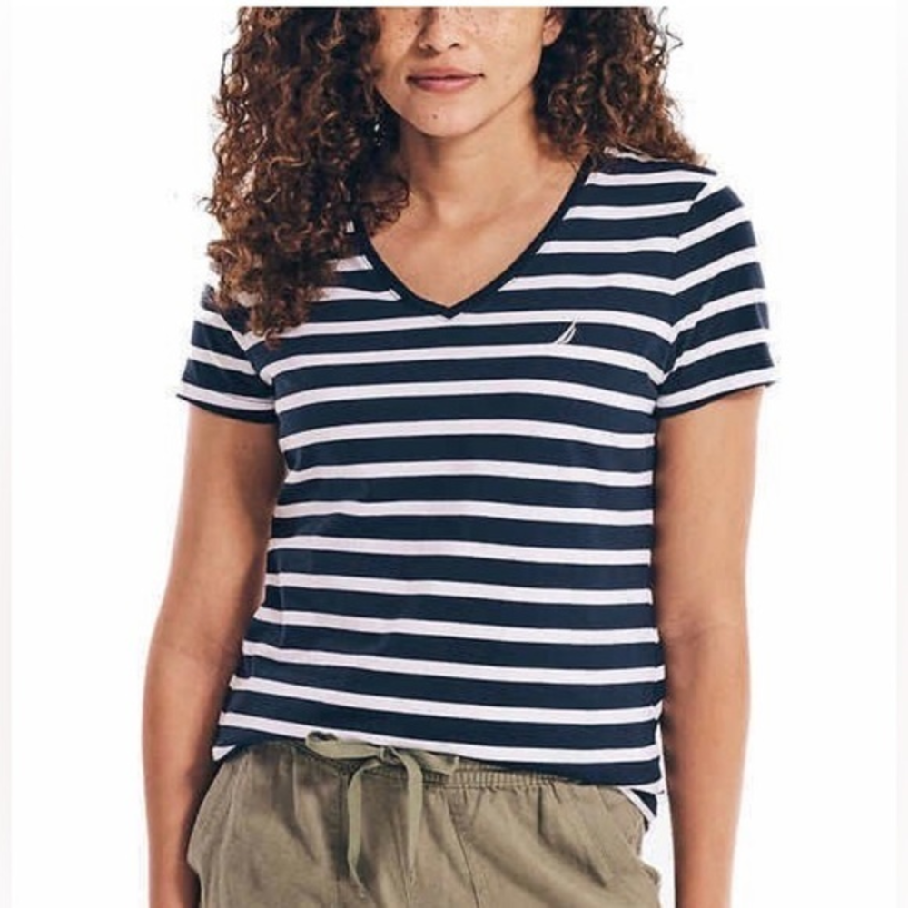 NWT Nautica Womens Navy White Striped V-Neck Short Sleeve Cotton T-Shirt #360